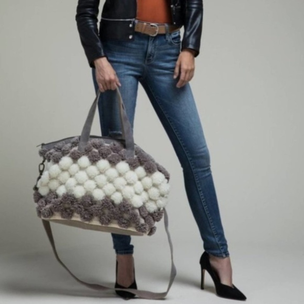 Handwoven Pom Pom Boston Bag - Gray - Picture 1 of 4